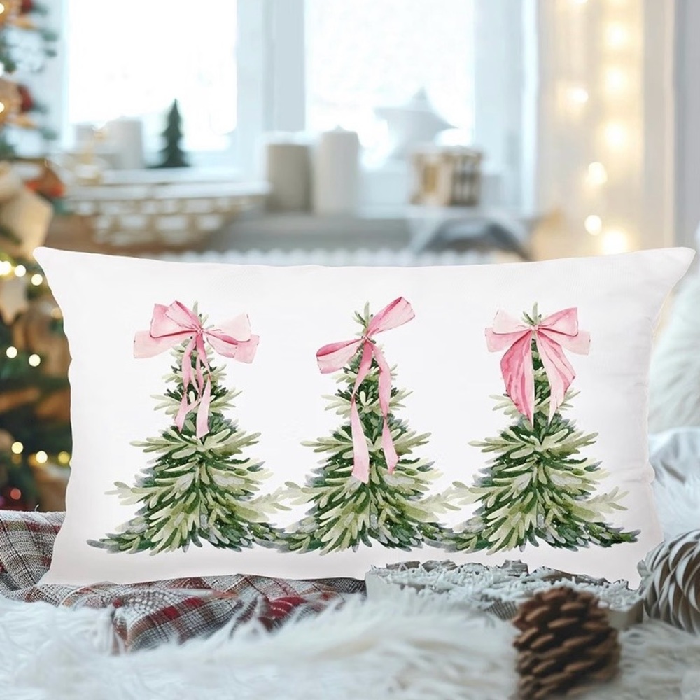 Holiday Pillow Cover Set‎ of 2 with Pink Bow Christmas Trees - Unknown Brand